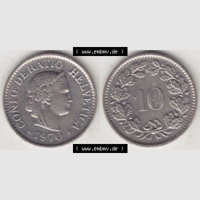Münzen Schweiz 1940-Heute, 10 Rappen B 1970 I., Münzen Vollansicht Horizontal als Bildmaterial im online Katalog und online Datenbank für Sammler von Schweizer Münzen. Sammlung