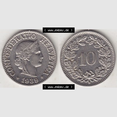 Münzen Schweiz 1932-1939, 10 Rappen B 1939, Münzen Vollansicht Horizontal als Bildmaterial im online Katalog und online Datenbank für Sammler von Schweizer Münzen. Sammlung