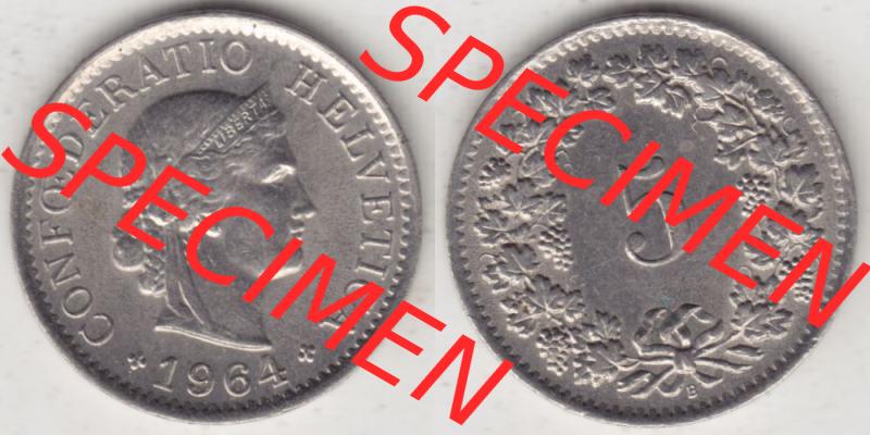 Münzen Schweiz 1940-1980, 5 Rappen Mzz. B 1964 I., Münzen Vollansicht Horizontal als Bildmaterial im online Katalog und online Datenbank für Sammler von Schweizer... Sammlung