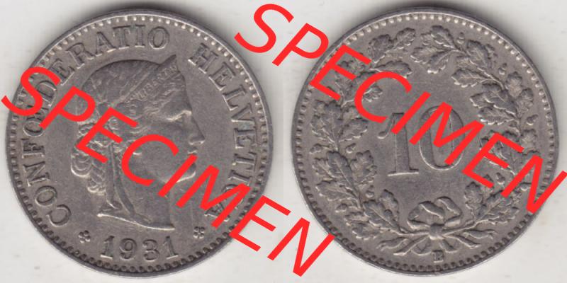 Münzen Schweiz 1919-1931, 10 Rappen B 1931, Münzen Vollansicht Horizontal als Bildmaterial im online Katalog und online Datenbank für Sammler von Schweizer Münzen. Sammlung
