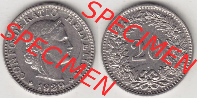 Münzen Schweiz 1881-1938, 20 Rappen Münzzeichen / Mzz. B 1929, Münzen Vollansicht Horizontal als Bildmaterial im online Katalog und online Datenbank für Sammler... Sammlung
