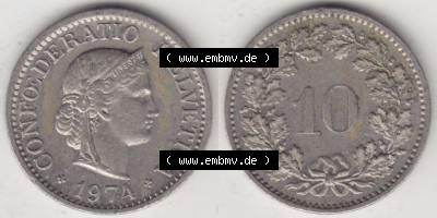 Münzen Schweiz 1940-Heute, 10 Rappen B 1974 I., Münzen Vollansicht Horizontal als Bildmaterial im online Katalog und online... Sammlung