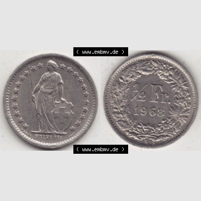 Münzen Schweiz 1968-1982, 1/2 Franken mit Münzzeichen / Mzz. B 1968 III, Münzen Vollansicht Horizontal als Bildmaterial Sammlung