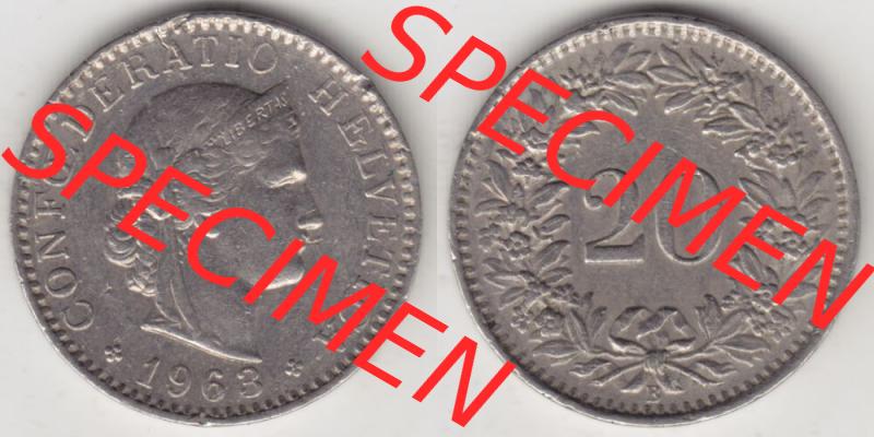 Münzen Schweiz 1939-2018, 20 Rappen B 1963 I., Münzen Vollansicht Horizontal als Bildmaterial im online Katalog und online Datenbank für Sammler von Schweizer Münzen. Sammlung