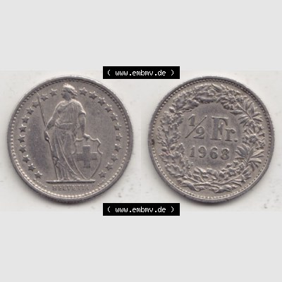 Münzen Schweiz 1968-1982, 1/2 Franken mit Münzzeichen / Mzz. B 1968, Münzen Vollansicht Horizontal als Bildmaterial Sammlung