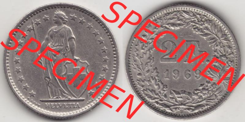 Münzen Schweiz 1968-1982, 2 Franken mit Münzzeichen / Mzz. B 1969, Münzen Vollansicht Horizontal als Bildmaterial im online Katalog und online Datenbank für Sammler... Sammlung