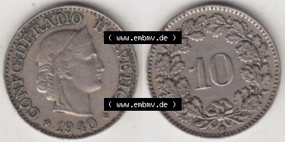Münzen Schweiz 1940-Heute, 10 Rappen B 1940, Münzen Vollansicht Horizontal als Bildmaterial im online Katalog und online Datenbank... Sammlung