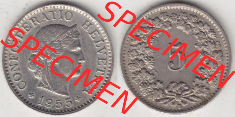 Münzen Schweiz 1940-1980, 5 Rappen Mzz. B 1955 II., Münzen Vollansicht Horizontal als Bildmaterial im online Katalog und online Datenbank für Sammler von Schweizer... Sammlung