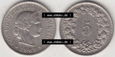 Münzen Schweiz 1940-1980, 5 Rappen Mzz. B 1962, Münzen Vollansicht Horizontal als Bildmaterial im online Katalog und online... Sammlung