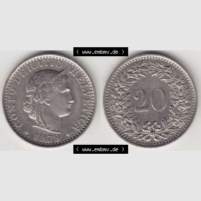 Münzen Schweiz 1939-2018, 20 Rappen Münzzeichen / Mzz. B 1979, Münzen Vollansicht Horizontal als Bildmaterial im online Katalog und online Datenbank für Sammler... Sammlung