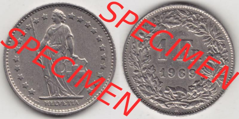 Münzen Schweiz 1968-1982, 1 Franken mit Münzzeichen / Mzz. B 1969, Münzen Vollansicht Horizontal als Bildmaterial im online Katalog und online Datenbank für Sammler... Sammlung