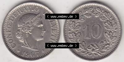 Münzen Schweiz 1940-Heute, 10 Rappen B 1967, Münzen Vollansicht Horizontal als Bildmaterial im online Katalog und online Datenbank... Sammlung