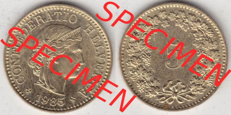 Münzen Schweiz 1979-Heute, 5 Rappen Mzz. B 1985, Münzen Vollansicht Horizontal als Bildmaterial im online Katalog und online Datenbank für Sammler von Schweizer Münzen. Sammlung
