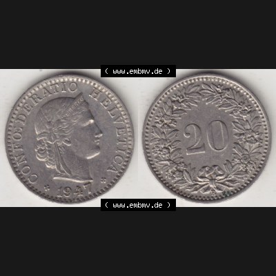 Münzen Schweiz 1939-Heute, 20 Rappen Münzzeichen / Mzz. B 1947 I., Münzen Vollansicht Horizontal als Bildmaterial im online Katalog und online Datenbank für... Sammlung