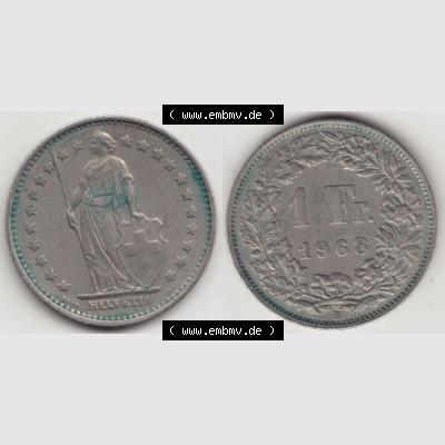 Münzen Schweiz 1968-1982, 1 Franken mit Münzzeichen / Mzz. B 1968 IV., Münzen Vollansicht Horizontal als Bildmaterial im online Katalog und online Datenbank... Sammlung