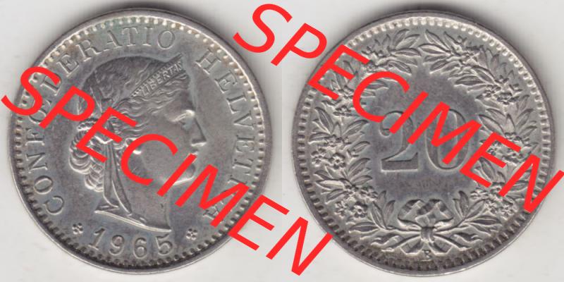Münzen Schweiz 1939-2018, 20 Rappen Münzzeichen / Mzz. B 1965, Münzen Vollansicht Horizontal als Bildmaterial im online Katalog und online Datenbank für Sammler... Sammlung
