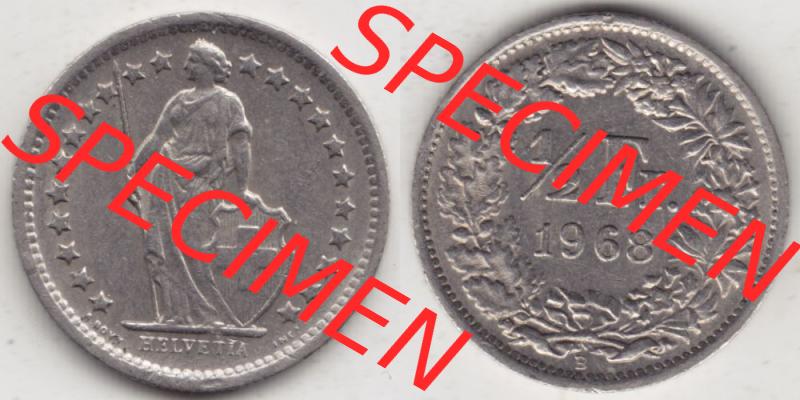Münzen Schweiz 1968-1982, 1/2 Franken mit Münzzeichen / Mzz. B 1968 III, Münzen Vollansicht Horizontal als Bildmaterial Sammlung