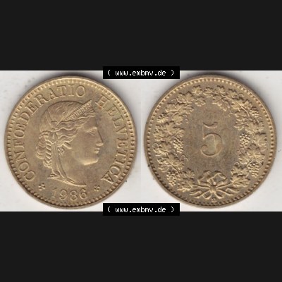 Münzen Schweiz 1979-Heute, 5 Rappen Mzz. B 1986 II., Münzen Vollansicht Horizontal als Bildmaterial im online Katalog und online Datenbank für Sammler von Schweizer... Sammlung