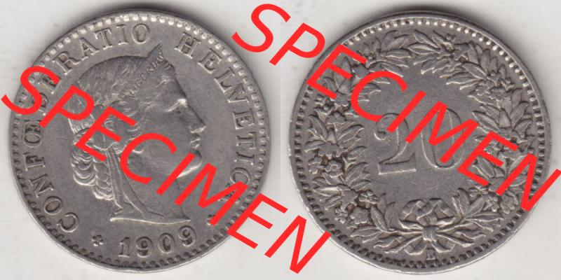 Münzen Schweiz 1881-1938, 20 Rappen Münzzeichen / Mzz. B 1909, Münzen Vollansicht Horizontal als Bildmaterial im online Katalog und online Datenbank für Sammler... Sammlung