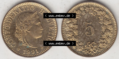 Münzen Schweiz 1979-Heute, 5 Rappen Mzz. B 1991, Münzen Vollansicht Horizontal als Bildmaterial im online Katalog und online... Sammlung