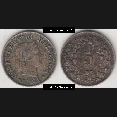Münzen Schweiz 1919-1931, 5 Rappen Mzz. B 1921, Münzen Vollansicht Horizontal als Bildmaterial im online Katalog und online Datenbank für Sammler von Schweizer Münzen. Sammlung
