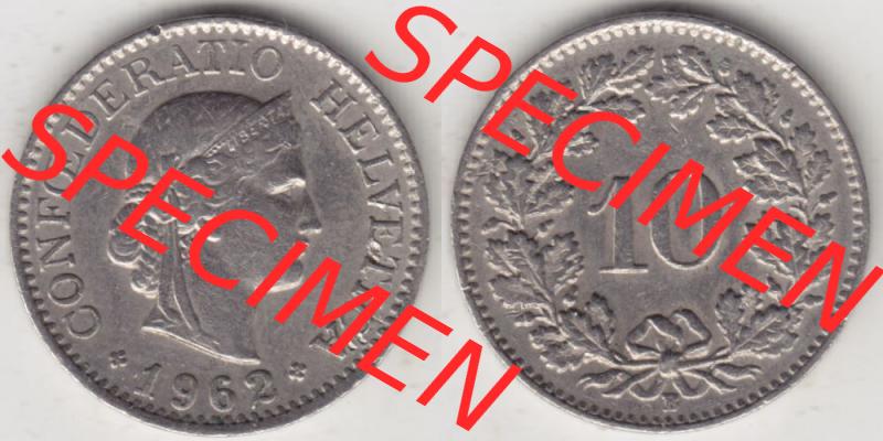 Münzen Schweiz 1940-Heute, 10 Rappen B 1962 I., Münzen Vollansicht Horizontal als Bildmaterial im online Katalog und online Datenbank für Sammler von Schweizer Münzen. Sammlung