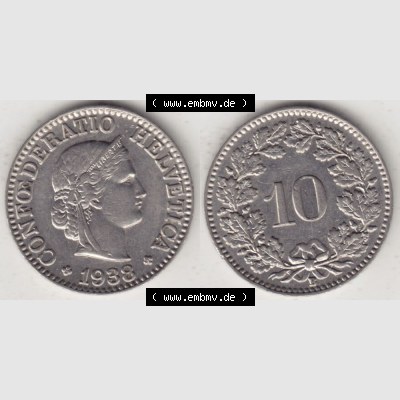 Münzen Schweiz 1932-1939, 10 Rappen B 1938 I., Münzen Vollansicht Horizontal als Bildmaterial im online Katalog und online Datenbank für Sammler von Schweizer Münzen. Sammlung
