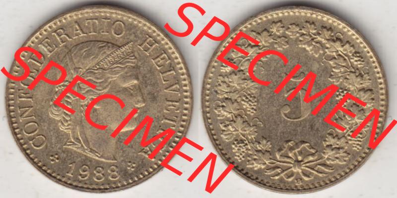Münzen Schweiz 1979-Heute, 5 Rappen Mzz. B 1988, Münzen Vollansicht Horizontal als Bildmaterial im online Katalog und online Datenbank für Sammler von Schweizer Münzen. Sammlung