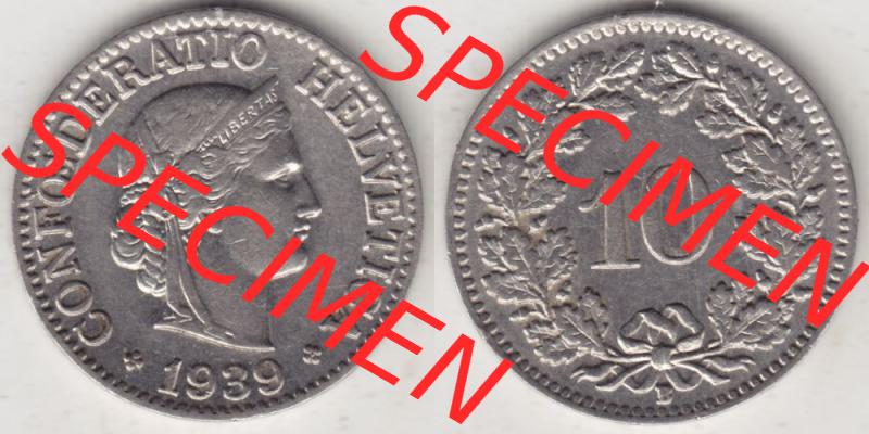 Münzen Schweiz 1932-1939, 10 Rappen B 1939, Münzen Vollansicht Horizontal als Bildmaterial im online Katalog und online Datenbank für Sammler von Schweizer Münzen. Sammlung