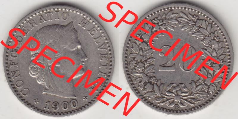 Münzen Schweiz 1881-1938, 20 Rappen Münzzeichen / Mzz. B 1900, Münzen Vollansicht Horizontal als Bildmaterial im online Katalog und online Datenbank für Sammler... Sammlung