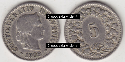 Münzen Schweiz 1879-1917, 5 Rappen Mzz. B 1909, Münzen Vollansicht Horizontal als Bildmaterial im online Katalog und online... Sammlung