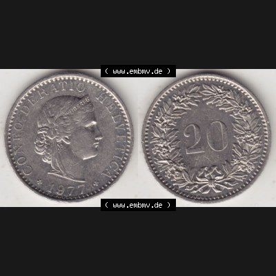 Münzen Schweiz 1939-2018, 20 Rappen Münzzeichen / Mzz. B 1977, Münzen Vollansicht Horizontal als Bildmaterial im online Katalog und online Datenbank für Sammler... Sammlung
