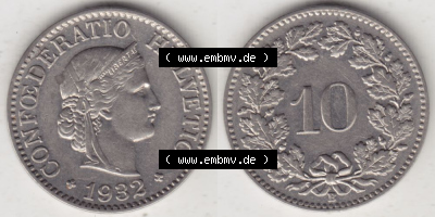 Münzen Schweiz 1932-1939, 10 Rappen B 1932 I., Münzen Vollansicht Horizontal als Bildmaterial im online Katalog und online Datenbank... Sammlung