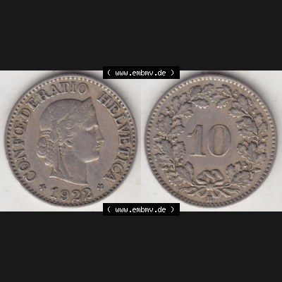 Münzen Schweiz 1919-1931, 10 Rappen B 1922, Münzen Vollansicht Horizontal als Bildmaterial im online Katalog und online Datenbank für Sammler von Schweizer Münzen. Sammlung