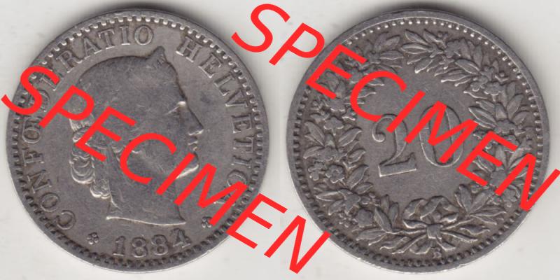 Münzen Schweiz 1881-1938, 20 Rappen Münzzeichen / Mzz. B 1884, Münzen Vollansicht Horizontal als Bildmaterial im online Katalog und online Datenbank für Sammler... Sammlung