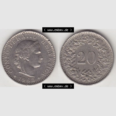 Münzen Schweiz 1939-2018, 20 Rappen B 1963 I., Münzen Vollansicht Horizontal als Bildmaterial im online Katalog und online Datenbank für Sammler von Schweizer Münzen. Sammlung