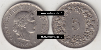 Münzen Schweiz 1940-1980, 5 Rappen Mzz. B 1964 II., Münzen Vollansicht Horizontal als Bildmaterial im online Katalog und online... Sammlung