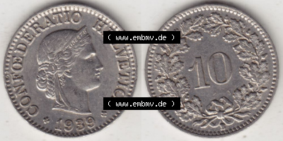 Münzen Schweiz 1932-1939, 10 Rappen B 1939, Münzen Vollansicht Horizontal als Bildmaterial im online Katalog und online Datenbank... Sammlung