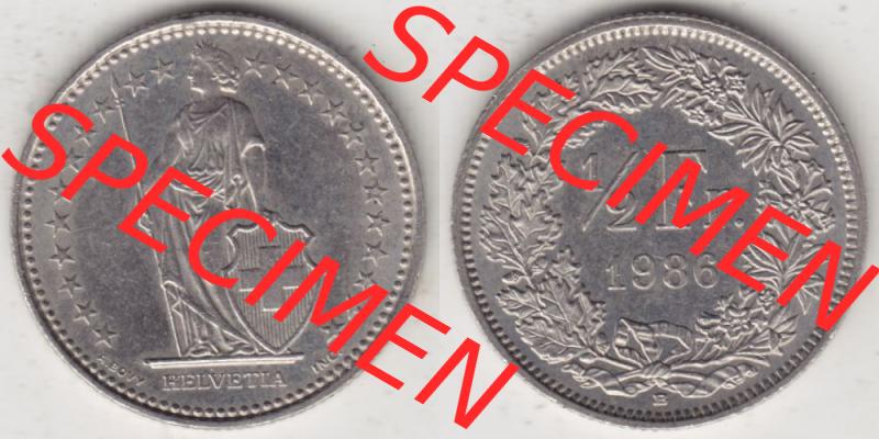 Münzen Schweiz 1983-Heute, 1/2 Franken mit Münzzeichen / Mzz. B 1986, Münzen Vollansicht Horizontal als Bildmaterial Sammlung