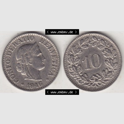 Münzen Schweiz 1940-Heute, 10 Rappen B 1946 I., Münzen Vollansicht Horizontal als Bildmaterial im online Katalog und online Datenbank für Sammler von Schweizer Münzen. Sammlung