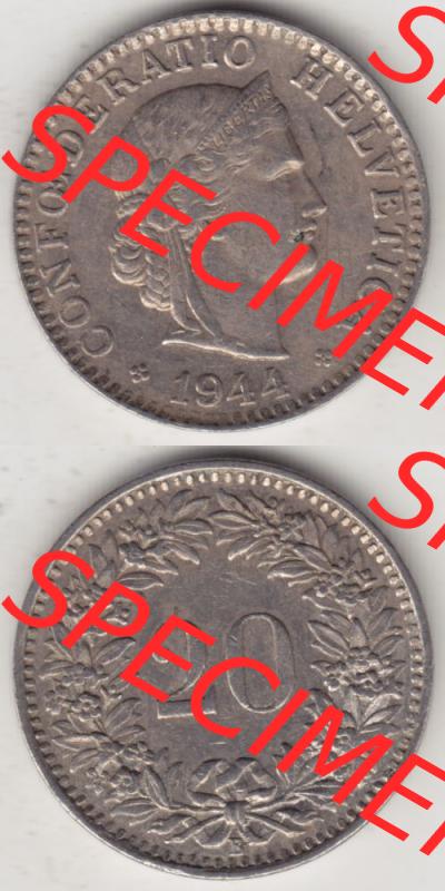 Münzen Schweiz 1939-Heute, 20 Rappen Münzzeichen / Mzz. B 1944 i, Münzen Vollansicht Horizontal als Bildmaterial im online Katalog und online Datenbank für Sammler... Sammlung