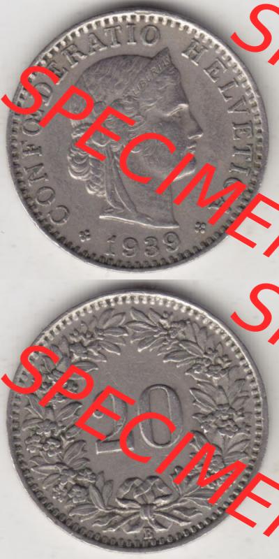 Münzen Schweiz 1939-Heute, 20 Rappen Münzzeichen / Mzz. B 1939, Münzen Vollansicht Horizontal als Bildmaterial im online Katalog und online Datenbank für Sammler... Sammlung