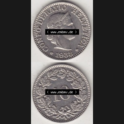Münzen Schweiz 1932-1939, 10 Rappen B 1938 II., Münzen Vollansicht Vertikal als Bildmaterial für Mobile-Geräte Sammlung