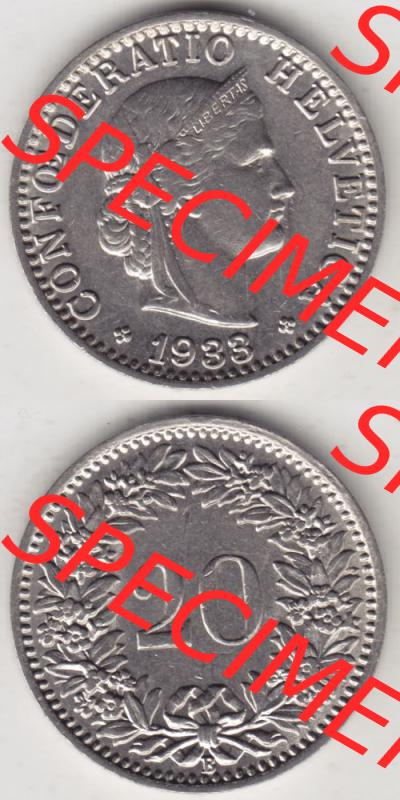 Münzen Schweiz 1881-1938, 20 Rappen Münzzeichen / Mzz. B 1933 III., Münzen Vollansicht Vertikal als Bildmaterial im online Katalog und online Datenbank für... Sammlung