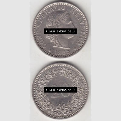 Münzen Schweiz 1939-2018, 20 Rappen Münzzeichen / Mzz. B 1985, Münzen Vollansicht Horizontal als Bildmaterial im online Katalog und online Datenbank für Sammler... Sammlung