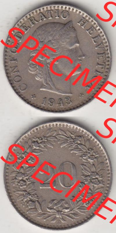 Münzen Schweiz 1939-Heuite, 20 Rappen Münzzeichen / Mzz. B 1943 I., Münzen Vollansicht Horizontal als Bildmaterial im online Katalog und online Datenbank für... Sammlung