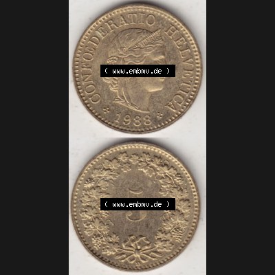 Münzen Schweiz 1979-Heute, 5 Rappen Mzz. B 1988, Münzen Vollansicht Vertikal als Bildmaterial im online Katalog und online Datenbank für Sammler von Schweizer Münzen... Sammlung