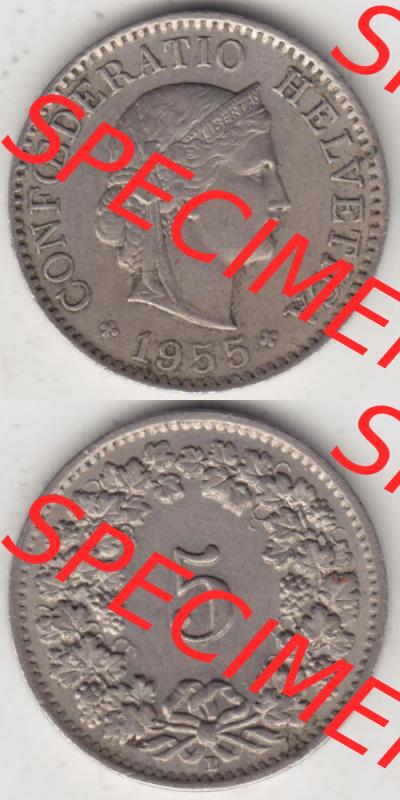 Münzen Schweiz 1940-1980, 5 Rappen Mzz. B 1955 I., Münzen Vollansicht Vertikal als Bildmaterial im online Katalog und online Datenbank für Sammler von Schweizer... Sammlung