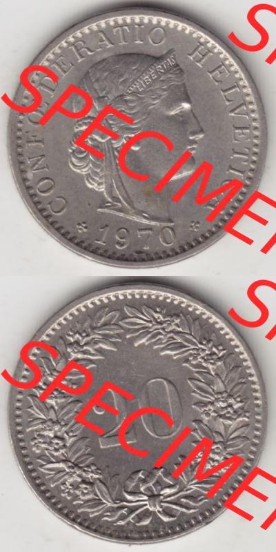 Münzen Schweiz 1939-2018, 20 Rappen Münzzeichen / Mzz. B 1970, Münzen Vollansicht Vertikal als Bildmaterial im online Katalog und online Datenbank für Sammler... Sammlung