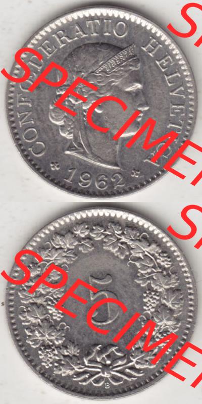 Münzen Schweiz 1940-1980, 5 Rappen Mzz. B 1962, Münzen Vollansicht Vertikal als Bildmaterial im online Katalog und online Datenbank für Sammler von Schweizer Münzen... Sammlung
